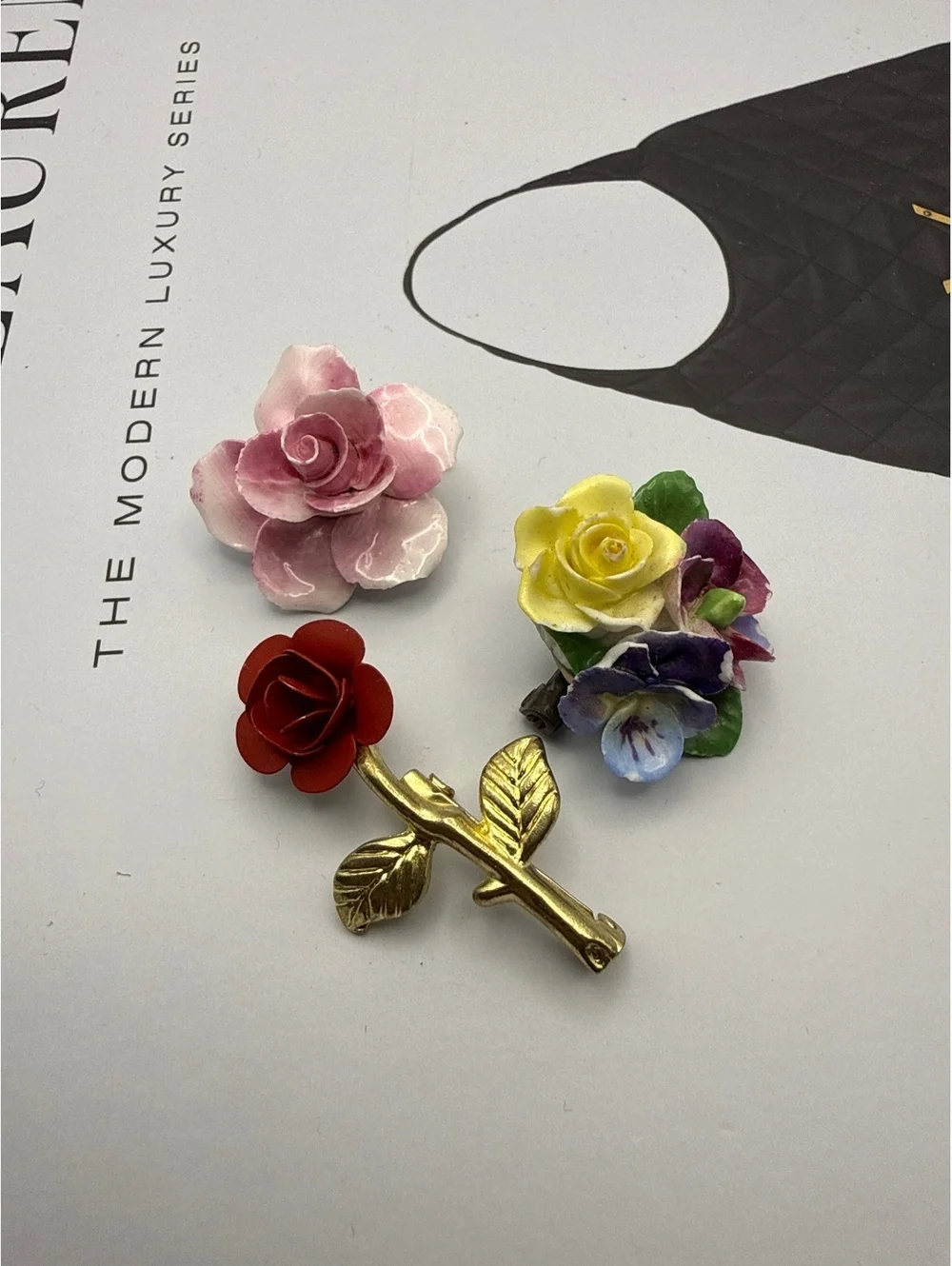 Vintage 70s Porcelain Flower Brooch Lot of 3 Made in England Floral Pins Roses